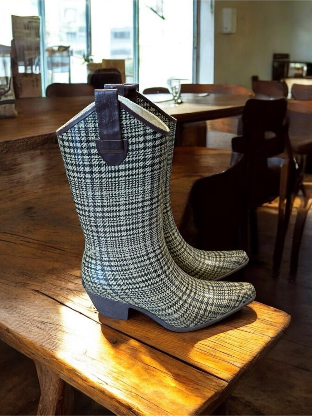 Corkys Womens Brown Houndstooth Rubber Western Rain Boots Academia Preppy Sz 9